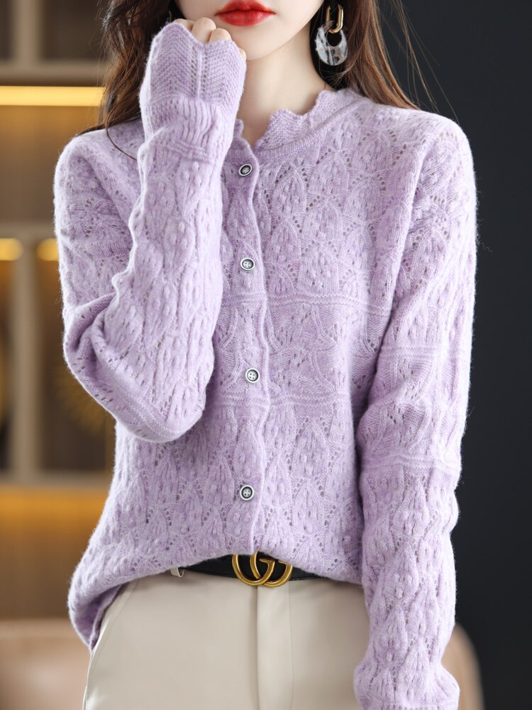 Suéter verde de lana pura para mujer, Rebeca de punto hueco, Top de Cachemira, ropa francesa de , primavera y otoño, novedad: Taro Purple / XXL