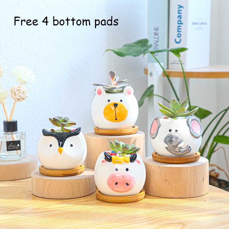 Cartoon Dier Succulent Bloempot Tuinieren Nordic Uil Combinatie Keramische Ingemaakte Home Office Desktop Decoratie: 4PCS