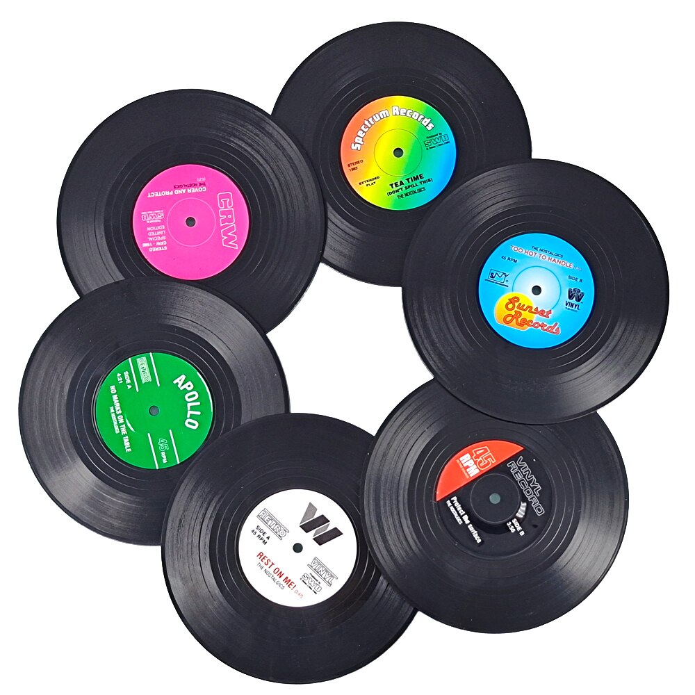 Useber 6 Pcs / Set Vinyl Round Disc Coaster Retro CD Shape Non-slip Insulation Tableware Mats Home Restaurant Bar Be Applicable