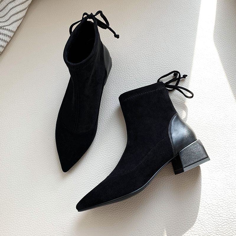Vinterskor dam ankelboots stretch sammetsskor snörning spetsad tå superstar europeiska ankelboots botas mujer