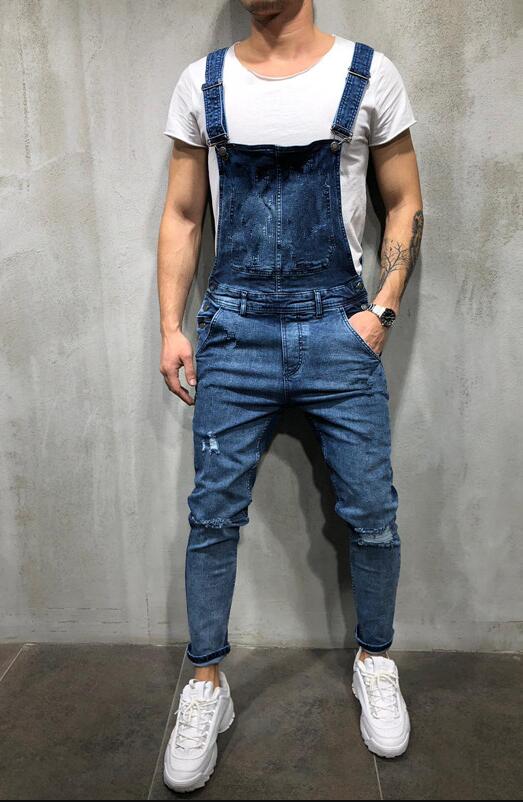 Män ripped cargo jeans jumpsuits distressed jeans haklappsbyxor overall man slim knä ripped hängselbyxor plus size s-xxxl: B731 mörkblå / Xl
