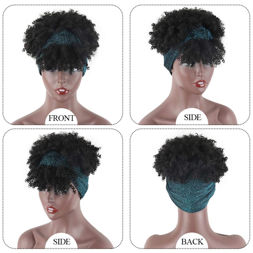Afro Puff Turban Synthetic Wig Short Kinky Curly Headwrap Drawstring Wrap-wig 2 in 1 Updo Head-Wrap Wig for Black Women