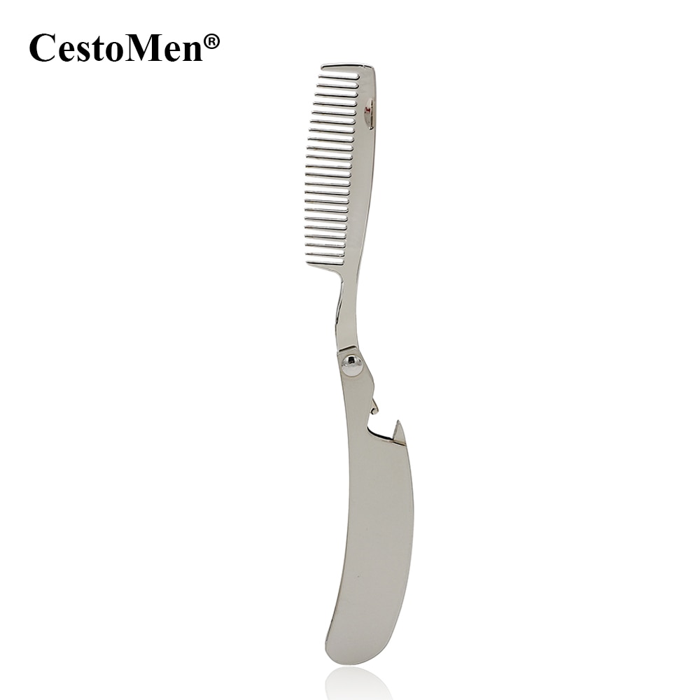 CestoMen-peine de Metal plegable para Barba multifuncional, peine de viaje de bolsillo, abrebotellas de acero inoxidable, herramienta para moldear bigote