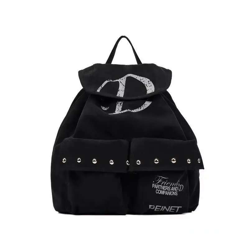 Mochila con cordón de lona con remaches para hombre y mujer, bolso decorativo de gran capacidad, sencillo, informal, Unisex, Y2k, con dos bolsillos: Negro