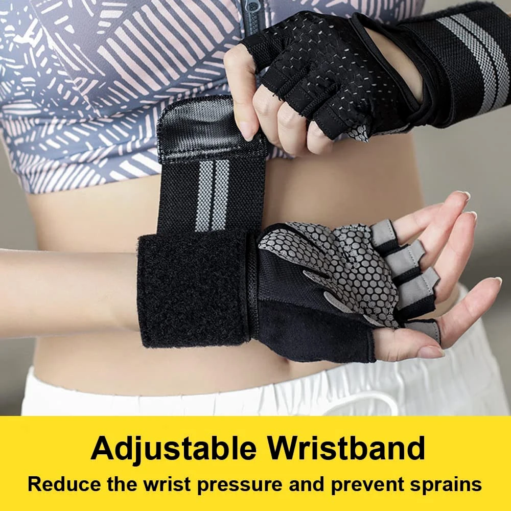 1 par de guantes de gimnasio de medio dedo con soporte para muñeca para hombres y mujeres, equipo de levantamiento de pesas eléctrico para entrenamiento Crossfit