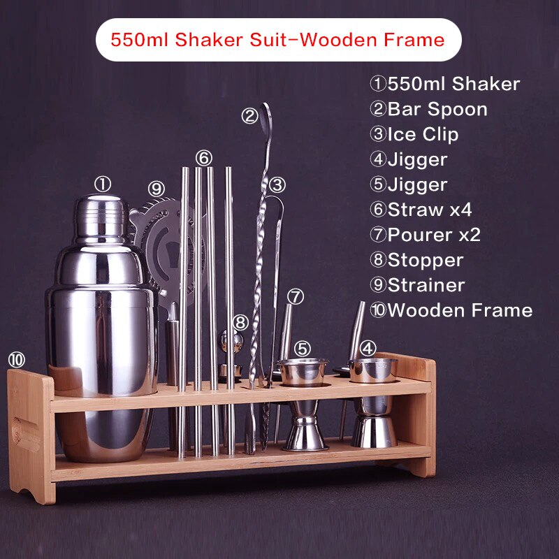 Bar Soul Cocktail Shaker Set Stainless Steel Bar Tools Bartender Tools Shaker Jigger Spoon Muddler Bartender Set: 550ml wooden
