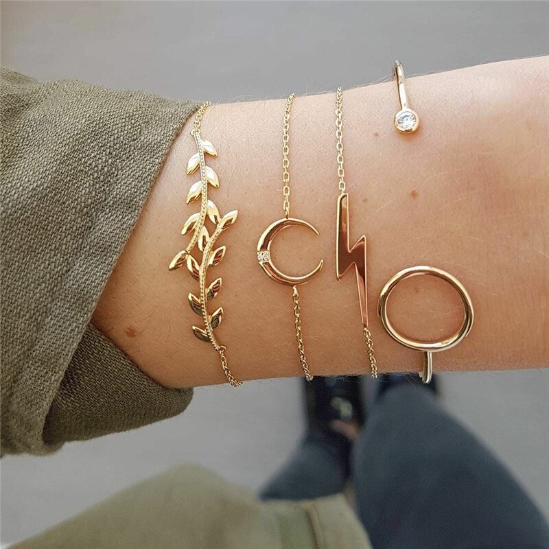 WUKALO Charm 4 stks/set Damesmode Kristal Cirkel Blad Ketting Gouden Kleur Gesimuleerde Parel Armband Set Party Bruiloft Sieraden