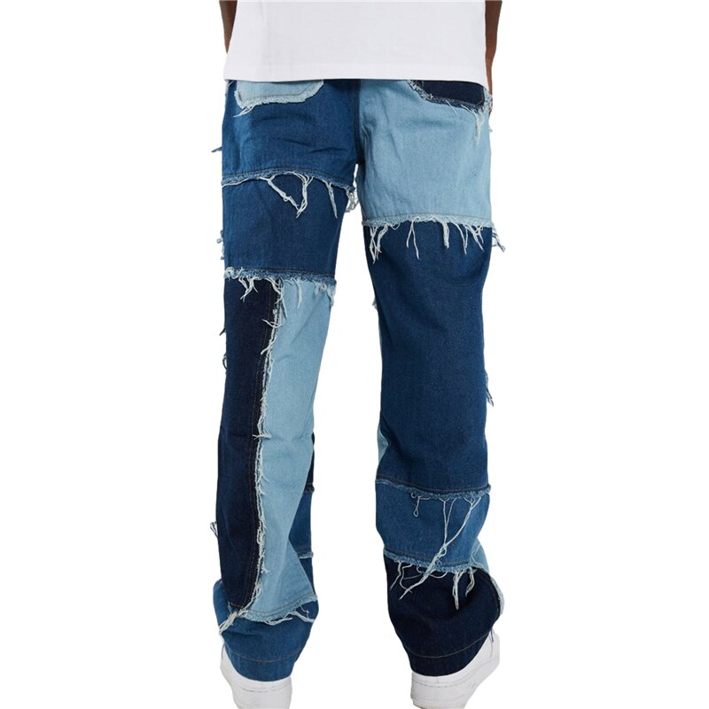 Spring Men's Straight Leg Jeans Frayed Patchwork Color Block Relaxed Fit Denim Pants Stylish Fit Long Trousers