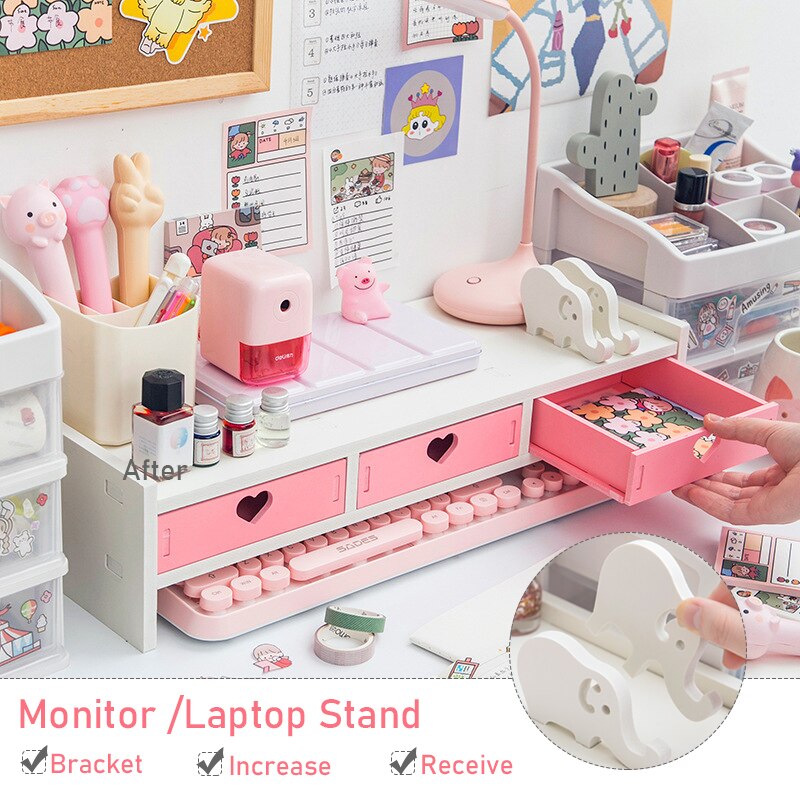 Desktop Computer Monitor Increase Rack Office Laptop Stand Dormitory Bedroom PVC Wooden Table Shelf Desktop Storage