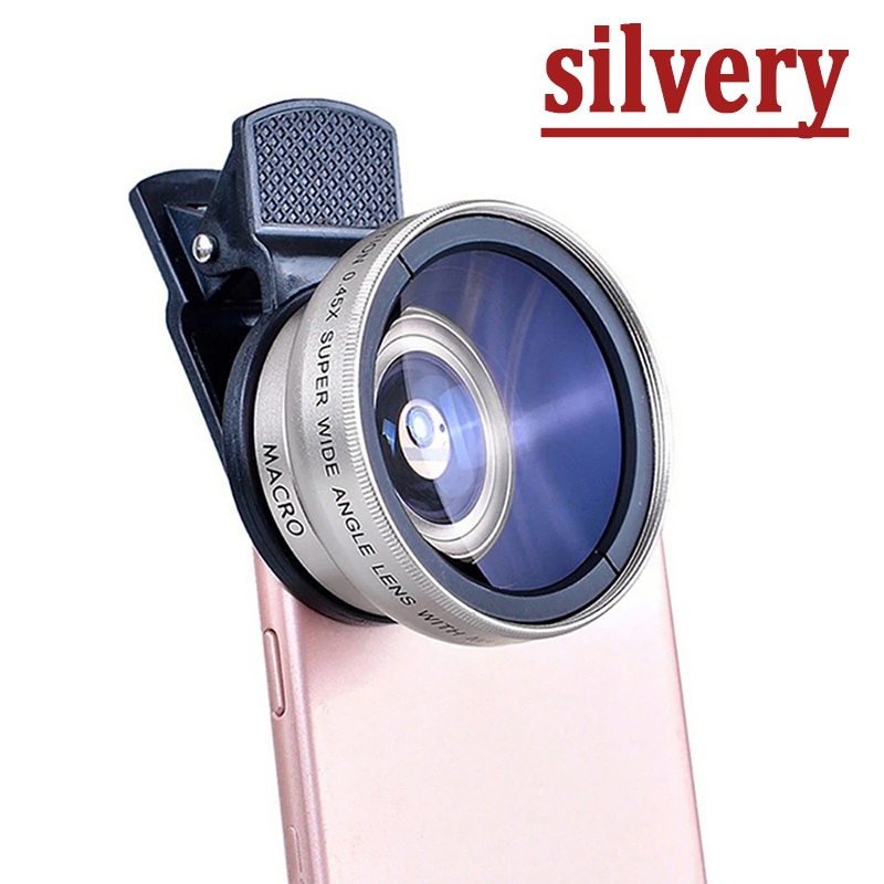 Lente 2 en 1 Clip Universal 37mm lente de teléfono móvil 0.45X 49uv súper gran angular + lente Macro HD para iPhone Android: Plata