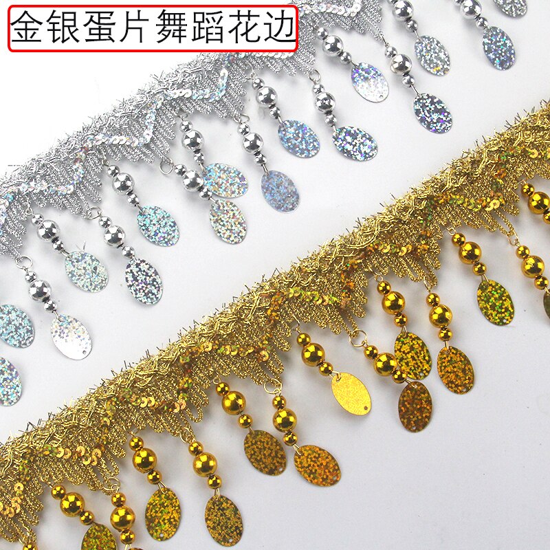 2 yard / lot guld silver vågiga ellips paljetter diy spets trim tofs frans gardin bröllop latin dans scen kostym tillbehör