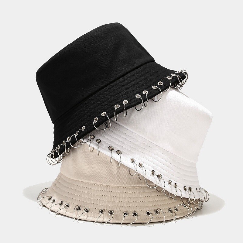 Harajuku Hip Hop Solid Color Bucket Hat Spiked Rivets Metal Rings Outdoor Wide Brim Sunscreen Fisherman Cap Women Man Panama