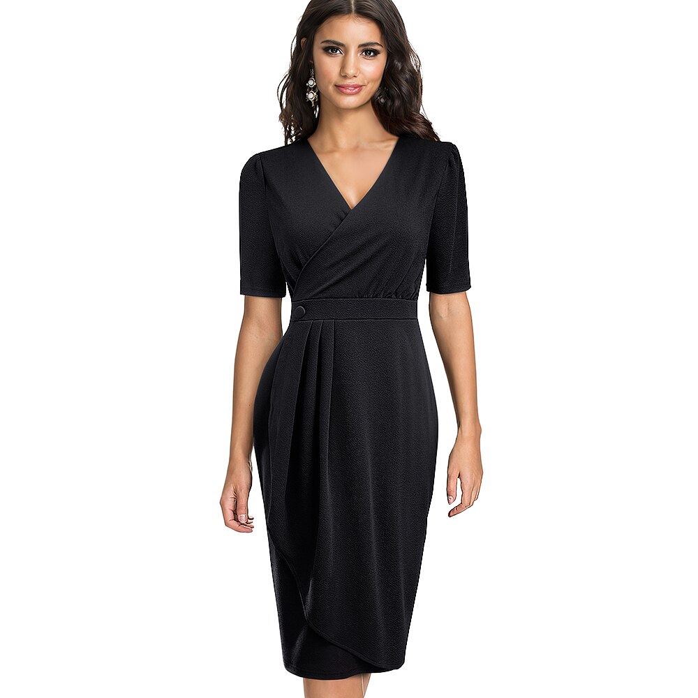 Nice-forever Summer Women Solid Color Office Work Dresses Business Formal Slim Bodycon Fitted Dress btyB583: Black / S