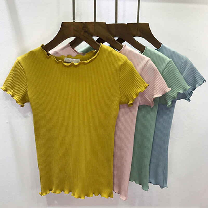 Camiseta deportiva informal para mujer, Top de Yoga transpirable con volantes, Top de manga corta suave de Color sólido, camiseta elástica de uso diario para mujer