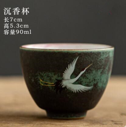 Grand bol à thé rétro en céramique avec couvercle, Anti-brûlure, simple, peint à la main, couvercle de grue brillante: Single cup D