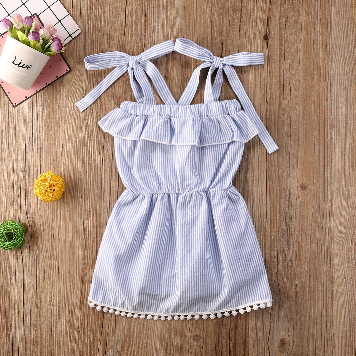 Citgeett 1-5y zomer baby meisjes romper jurk blauw gestreept ruches kwastjes jumpsuits jurk outfit