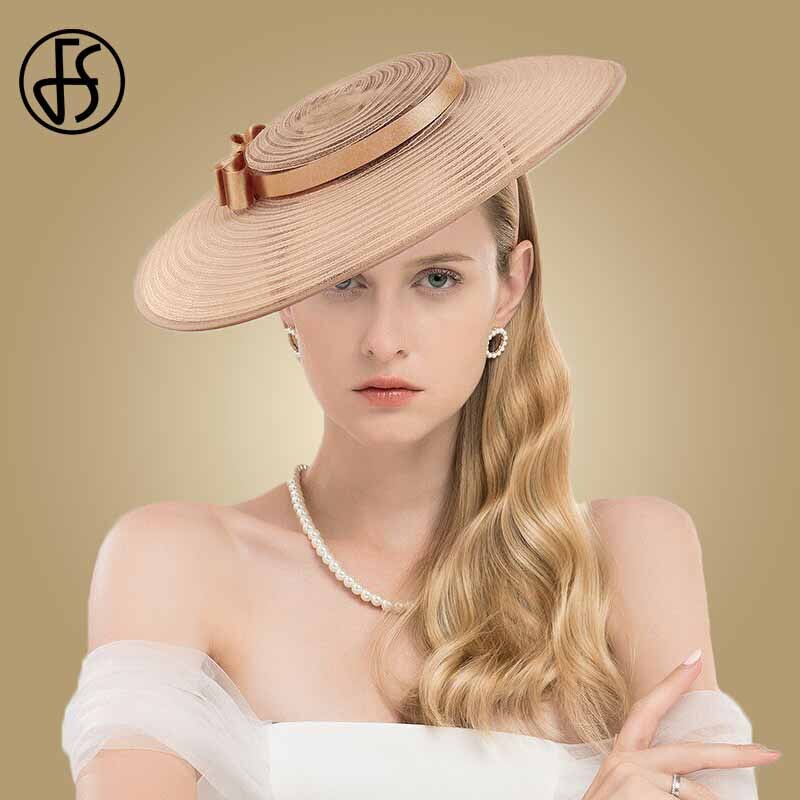 Fs veľké čierne kostolné klobúky klobúky so širokým okrajom fascinátory pre ženy biele kentucky derby dáma luk svadobné spoločenské šaty fedoras: Hnedé fedory