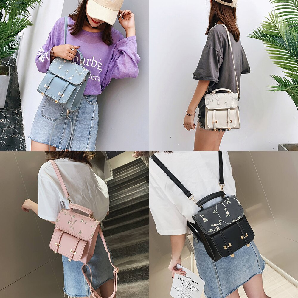 Women Backpack School Teenage Girls Small Shoulder Bag Leather Backpack Floral Embroidery Rucksack