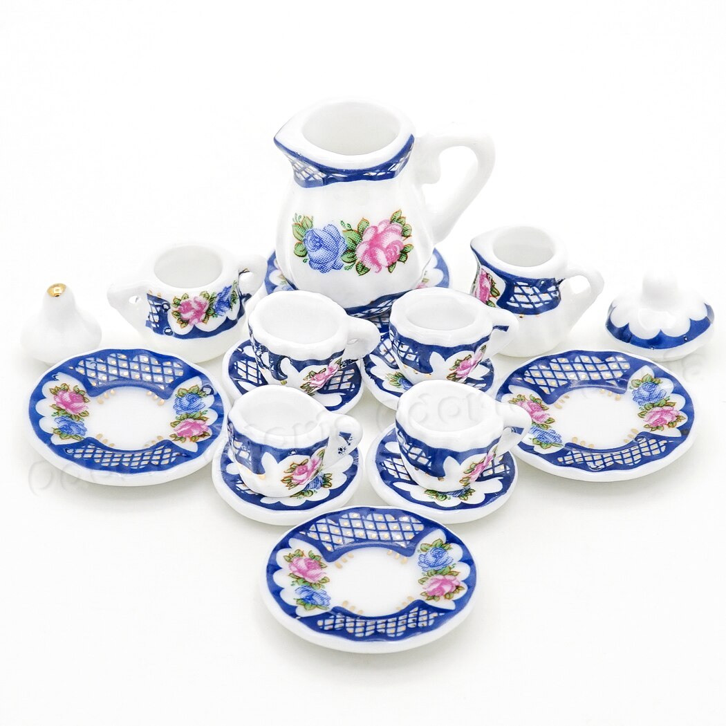 Odoria 1:12 Miniature 15pcs Porcelain Tea Cup Set Chintz Flower Tableware Kitchen Dollhouse Accessories Decor ( 14 Patterns ): Blue Net Flower