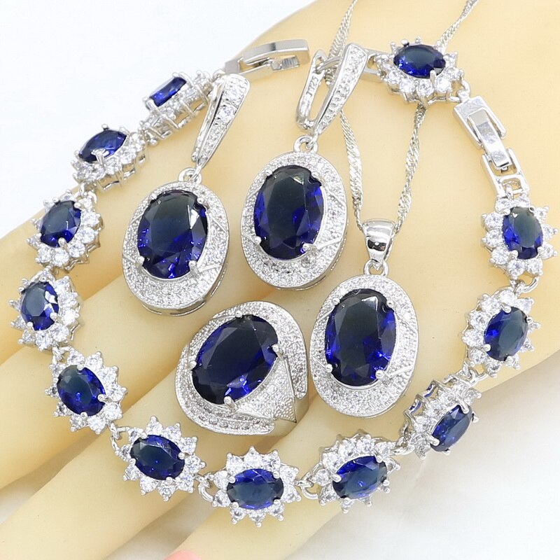 Silver färg bröllop smycken set för kvinnor blå halvädelst armband örhängen halsband hänge ringar box: 4 st / 7