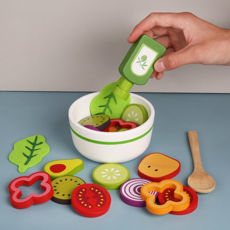 Dzieci ze sztucznymi owocami i sałatka warzywna kuchnia imitacja jedzenia i warzyw poznawcze puzzle drewniane zabawki