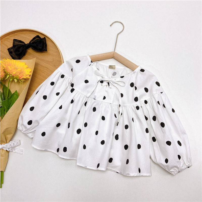 Camicie a pois primaverili per ragazze camicetta di cotone carino abbigliamento per bambini camicia da bambola estiva a maniche lunghe lanterna 2T-6T camicetta Lolita autunnale