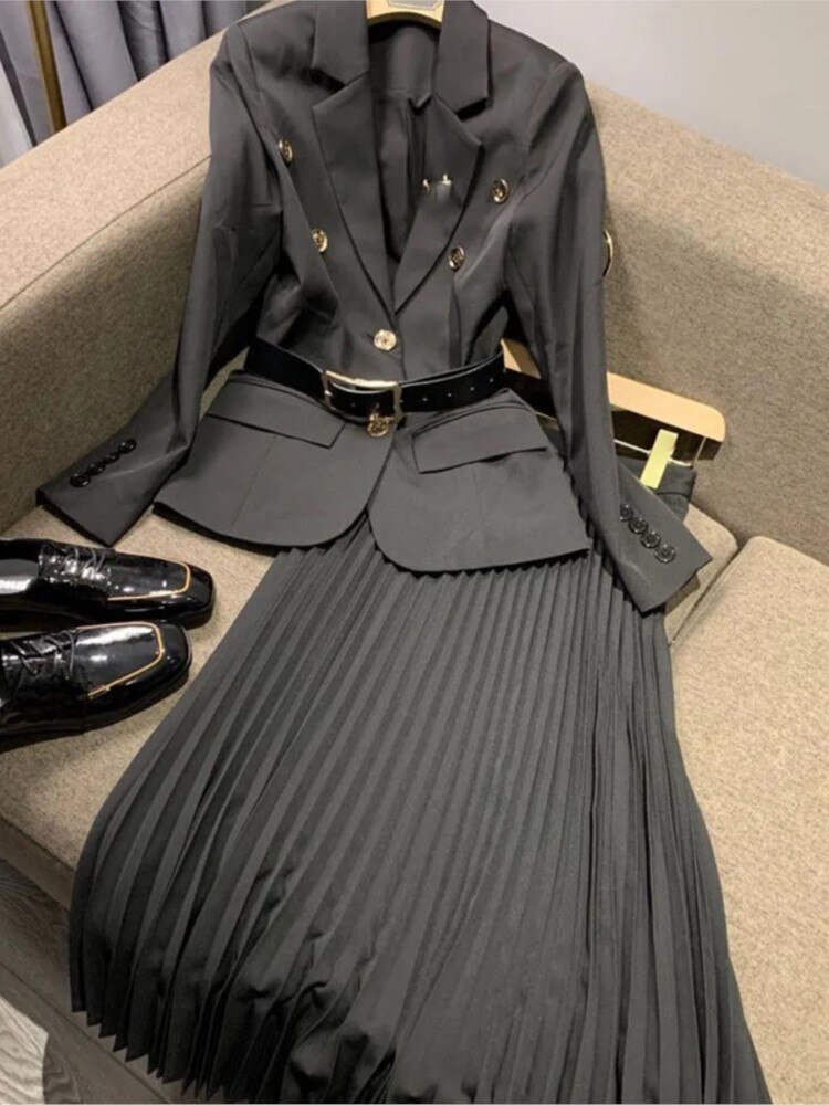 Blazer con cinturón + Falda plisada Midi para mujer, conjunto de 2 piezas, chaqueta de manga larga para oficina, traje