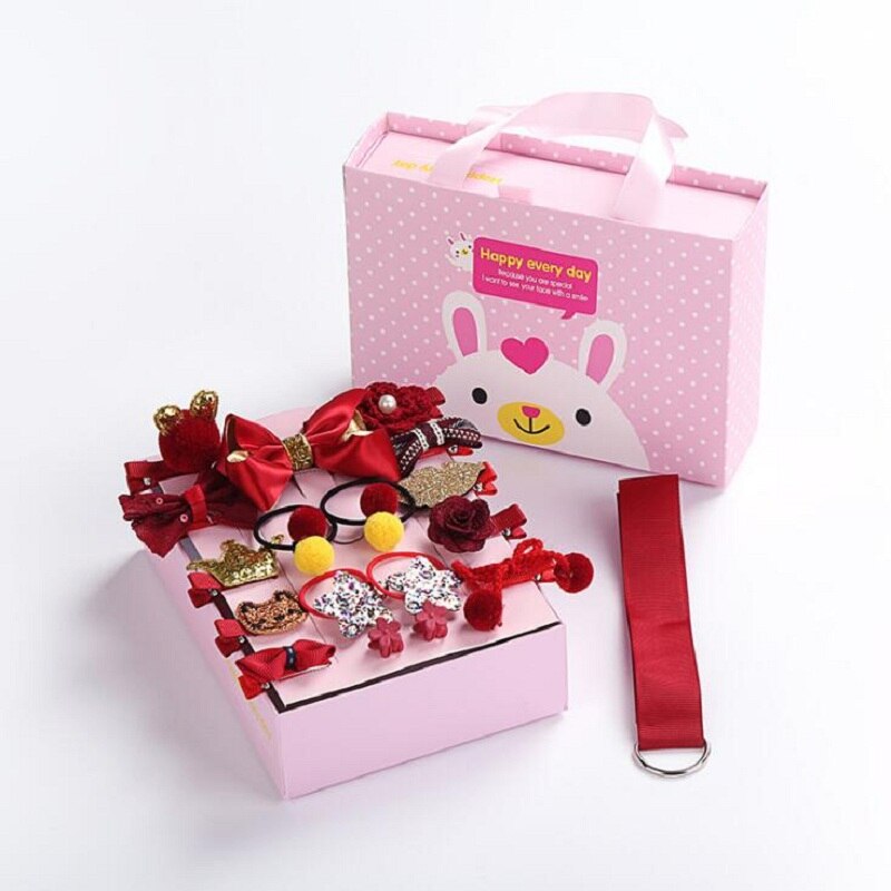 18 st baby hårklämma söt tecknad glitter kanin prinsessa krona hårspänne huvudbonad band rosett hårnålar blomma håraccessoarer: Vinröd box 1