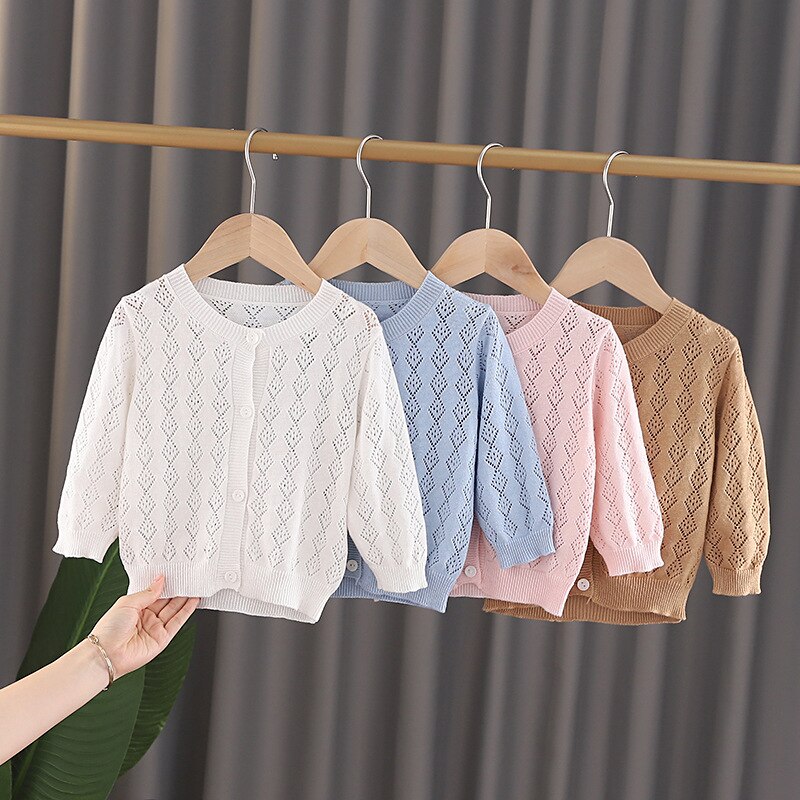 Cárdigan para bebés y niños, suéter ahuecado de Color sólido, para primavera y otoño, DT162