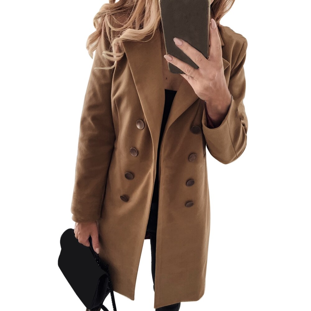 Abrigo de mezcla Kakhi de doble botonadura de largo medio Color sólido abrigo de lana Otoño Invierno mujer Vintage chaqueta Tops: khaki / XL