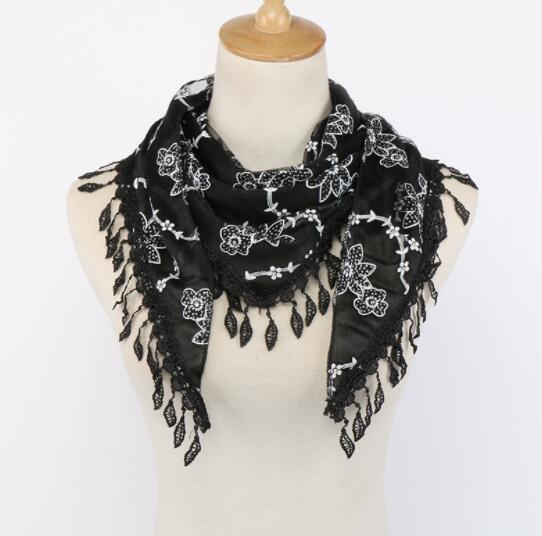 Neue Doppel Schichten Sommer Dame Spitze Schal Quaste Frauen Dreieck Bandage Weiß Blumen- schals Schal: Schwarz