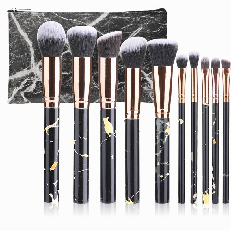 10 stk marmor makeup børster sett myk foundation pudder øyenskygge børste skjønnhet marmor makeup verktøy med sylinder: Svart med veske