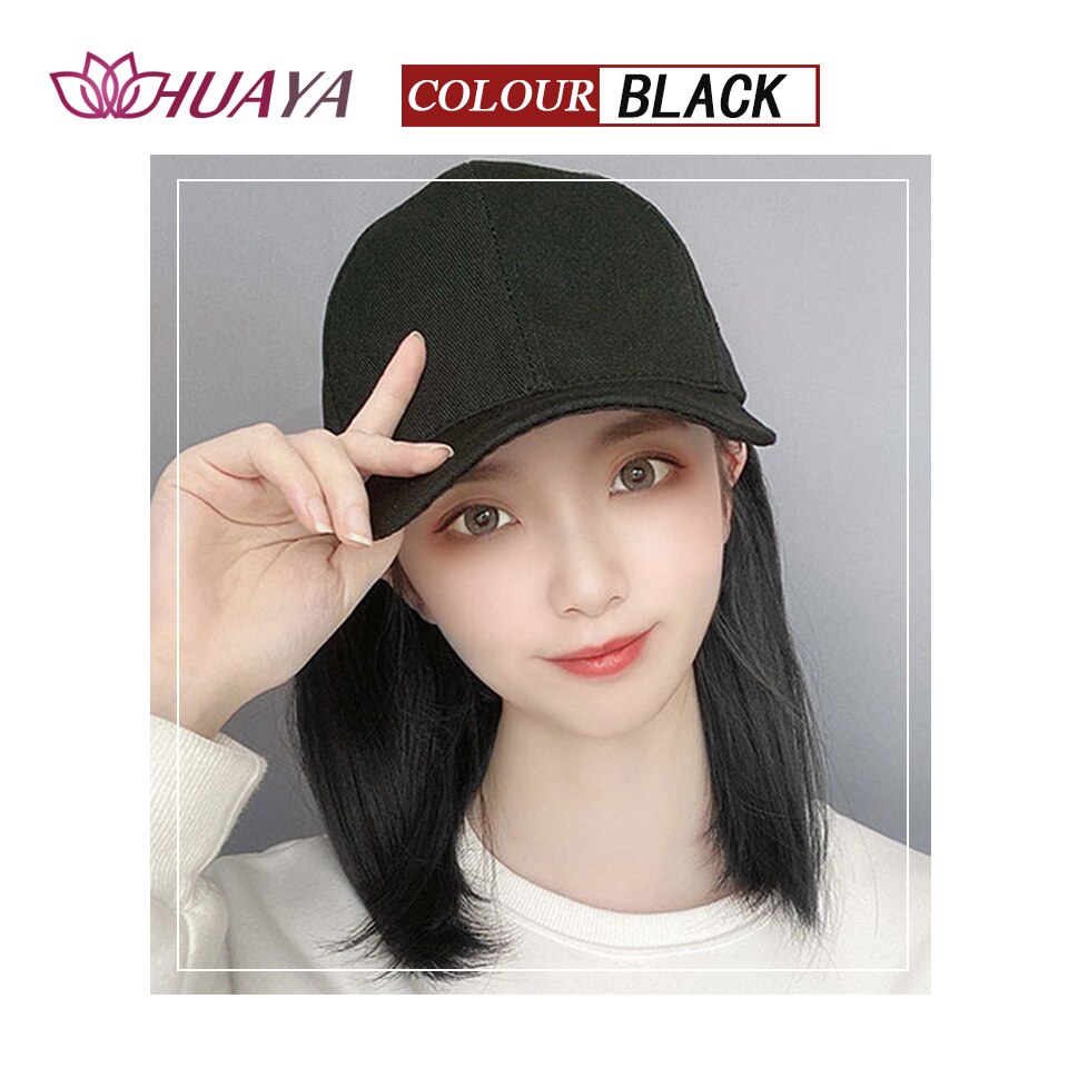 HUAYA Short Straight Hat wig Synthetic Baseball Cap Hair Wig Natural Black Wigs Connect Synthetic Hat Wig Adjustable For Girl: YSDF-2