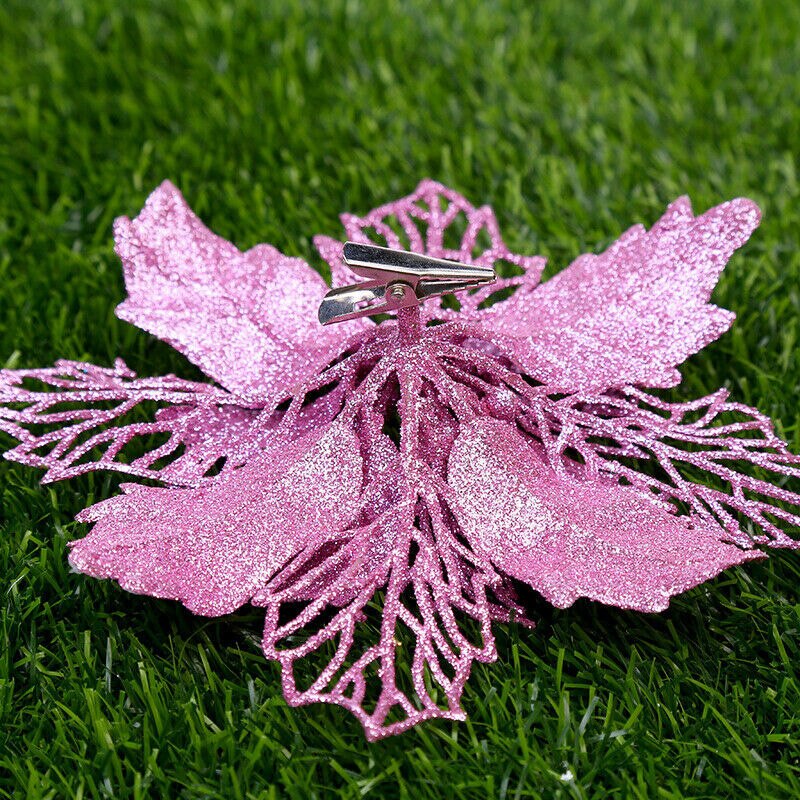 10 Pcs Christmas Poinsettia Glitter Flower Hollow Tree Hanging Decoration for Home Party DC120