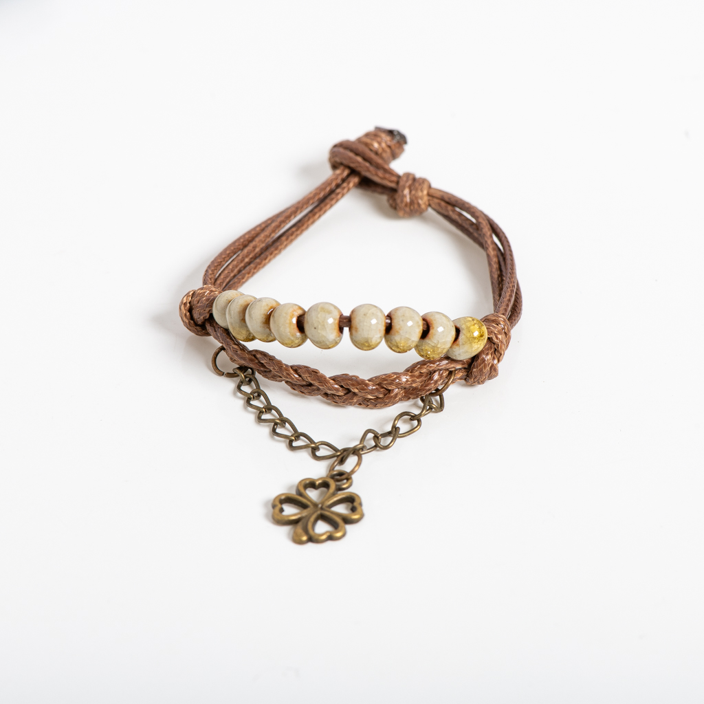 Pulsera de cerámica de trébol de cuatro hojas de la suerte, cordón de cera hecho a mano con cuentas craqueladas, opciones azules y verdes, Vintage para mujer: VERMEIL