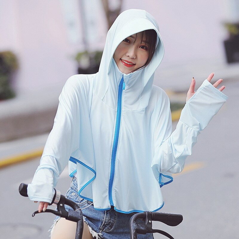 Womens Hooded Sun-protective Coats Anti-UV Tops Short Cycling Riding Jacket Breathable Quick Cool Dry