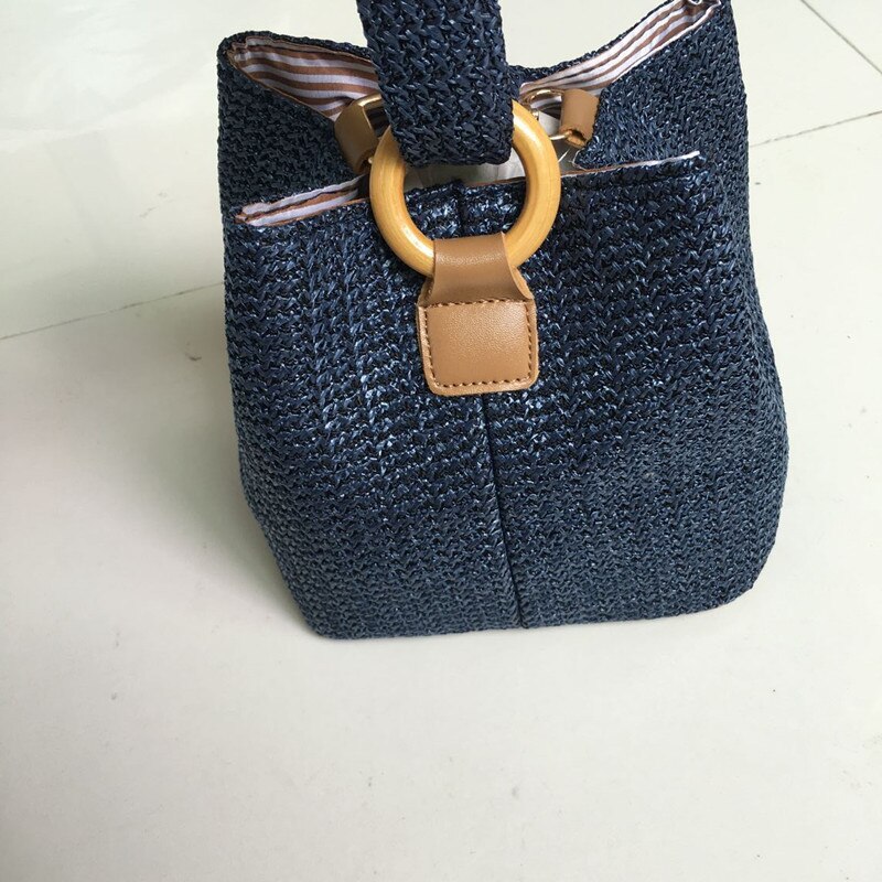 Kvinner jente håndvevd rotting veske halm vevd veske håndlaget crossbody veske bohemia stil strand sirkel sommer strandsekker: Himmelblå