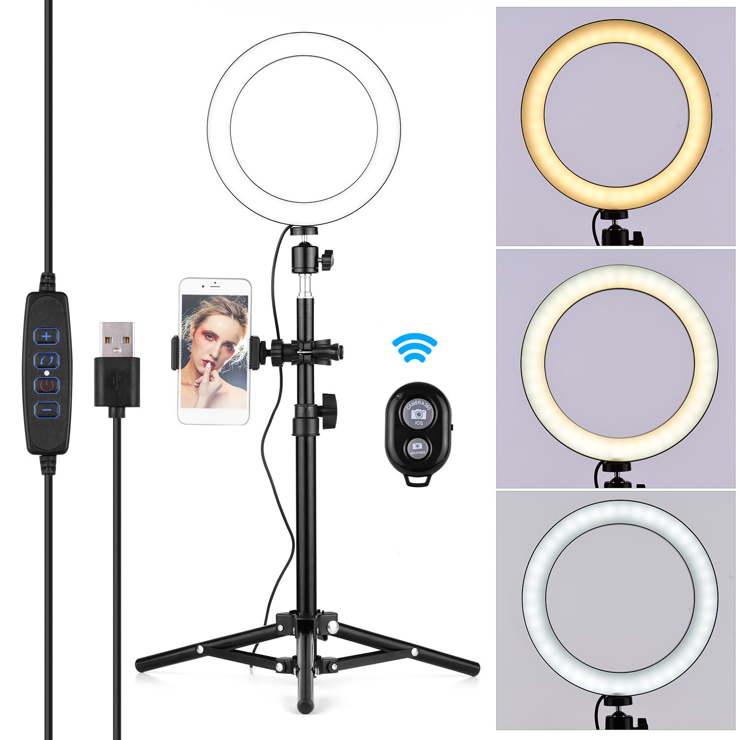 Ring Light Kit 20cm Diameter 3000K-6500K Bi-color Dimmable Ring Video Light + Mini Ball Head + 50cm Light Stand + Fixing Clamp: With Remote Control