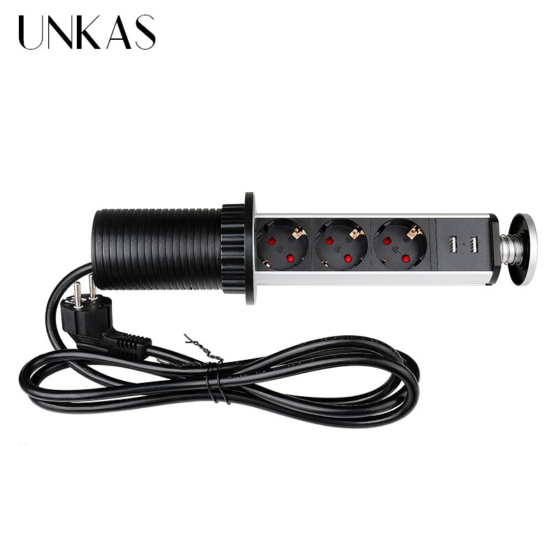 UNKAS 16A PULL POP UP 3 Power EU Socket Port Kitchen Table Desktop Sockets Retractable Countertops French Plug
