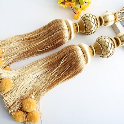 Embrasses de rideaux à Pompons, 2 pièces, cordes à franges, boules de ceinture suspendues, boucle de rideau, fermoir, accessoires: Gold yellow