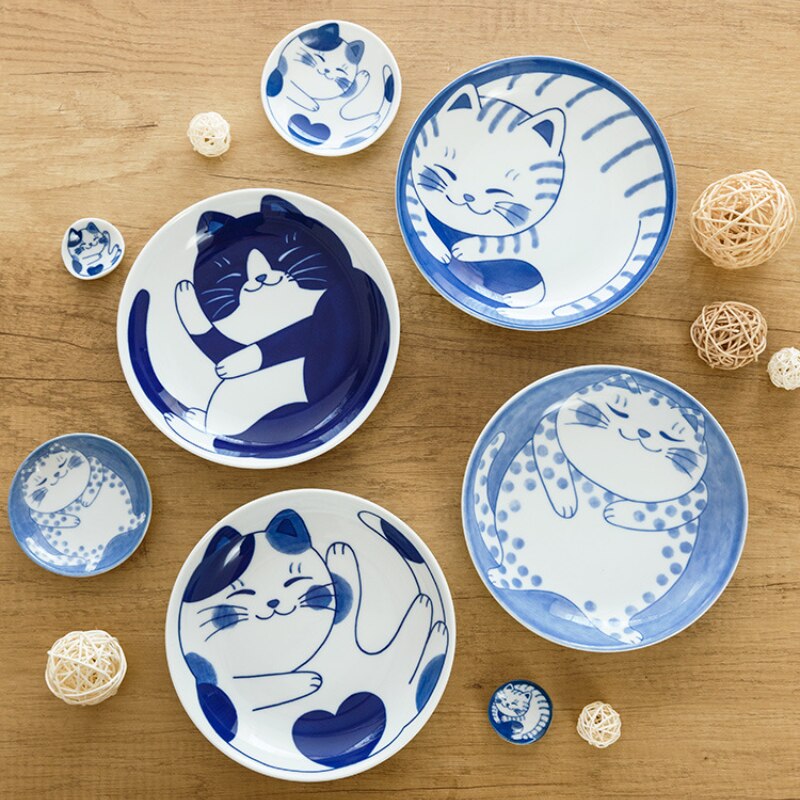 Cute Cat Ceramic Tableware Underglaze Ceramic Noodle Bowl Japanese Blue and White Plate Dessert Plate Bowls and Plates