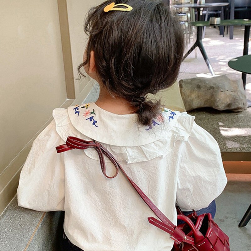 Meisjes Shirt Borduren Grote Kraag Lange Mouwen Top Kant Stiksels Lange Mouwen Shirt 2022 Lente Casual Kinderkleding