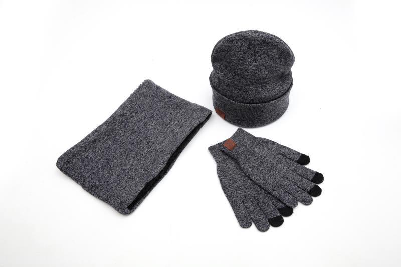 Mænds beanie hat tørklæde handsker sæt vinter strikket tyk varm hue kvinder mænd solid retro beanie hat blød touch screen handske hat sæt: Mørkegrå