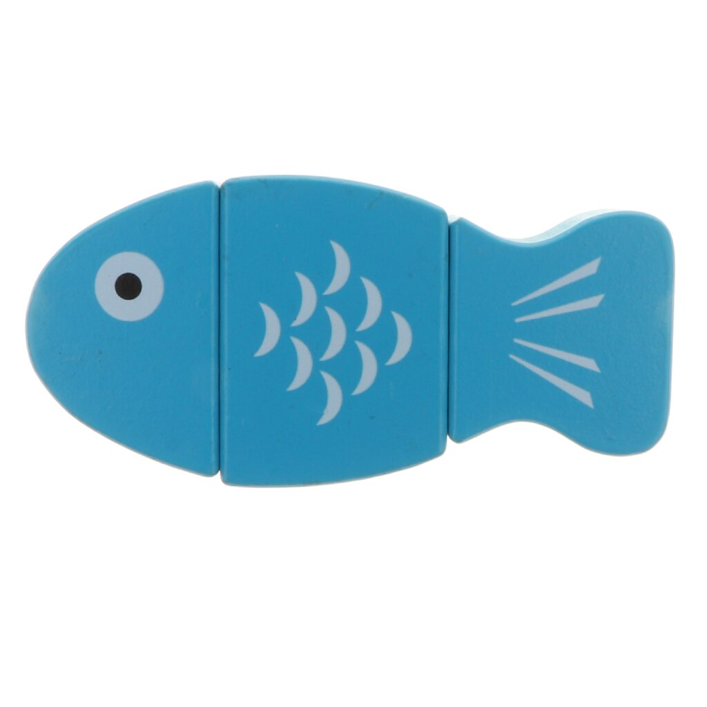 MagiDeal Magnetic Connected Blue Fish Wooden Cutting Food Play Toy Kitchen Pretend Play Set Educational Toy