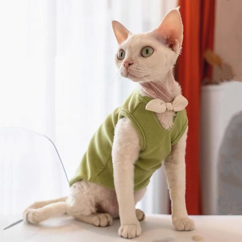 Cotton Sphinx Cat Clothes Cute Pet Sweater Vest Soft Kittens Costume BowKnot V Shirt For Sphynx Spring Summer Devon Rex Ragdoll: Green / S