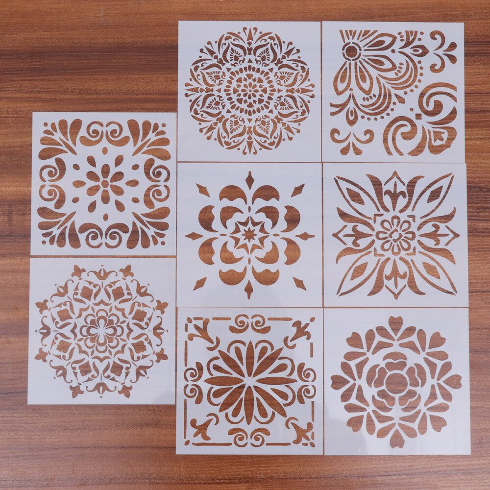 8pcs Drawing Stencils Plastic Hollow Square Fabric Wall Paper Furniture Drawing Stencils