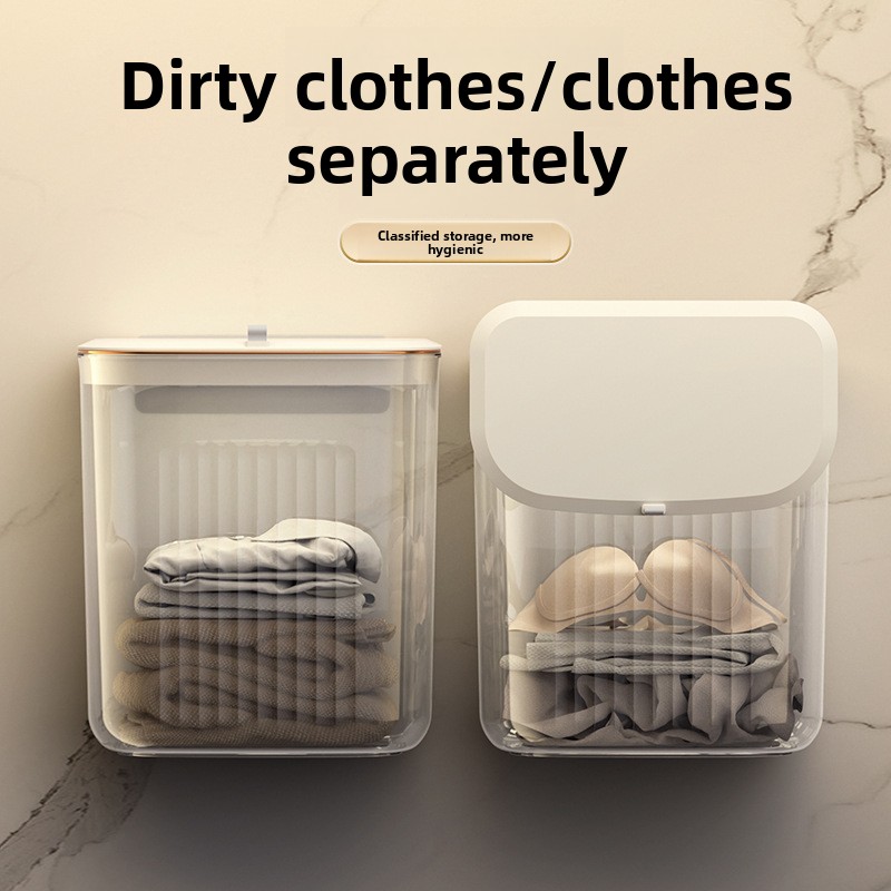 Luxe aan de muur gemonteerde wasmand, zonder boren, hangende mand voor vuile kleren met deksel voor badkamer/slaapkamer, transparante opbergbak