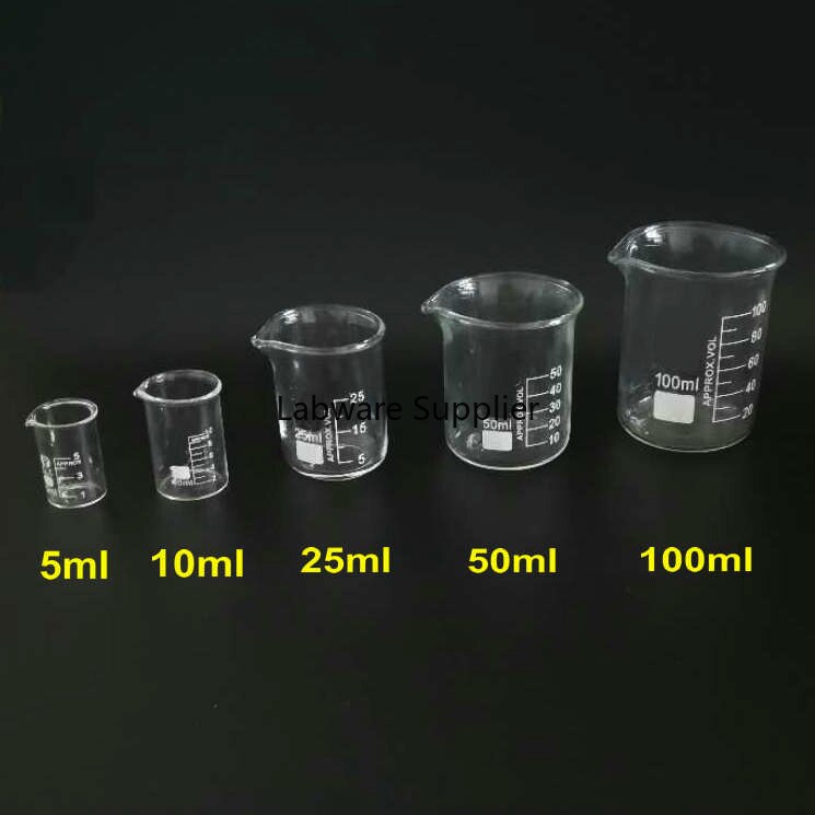 5 pçs/set Capacidade 5/10/25/50/Copo de Vidro 100ml para Os Testes de Laboratório, copo de medição Volumétrica de Vidro para Experimentos