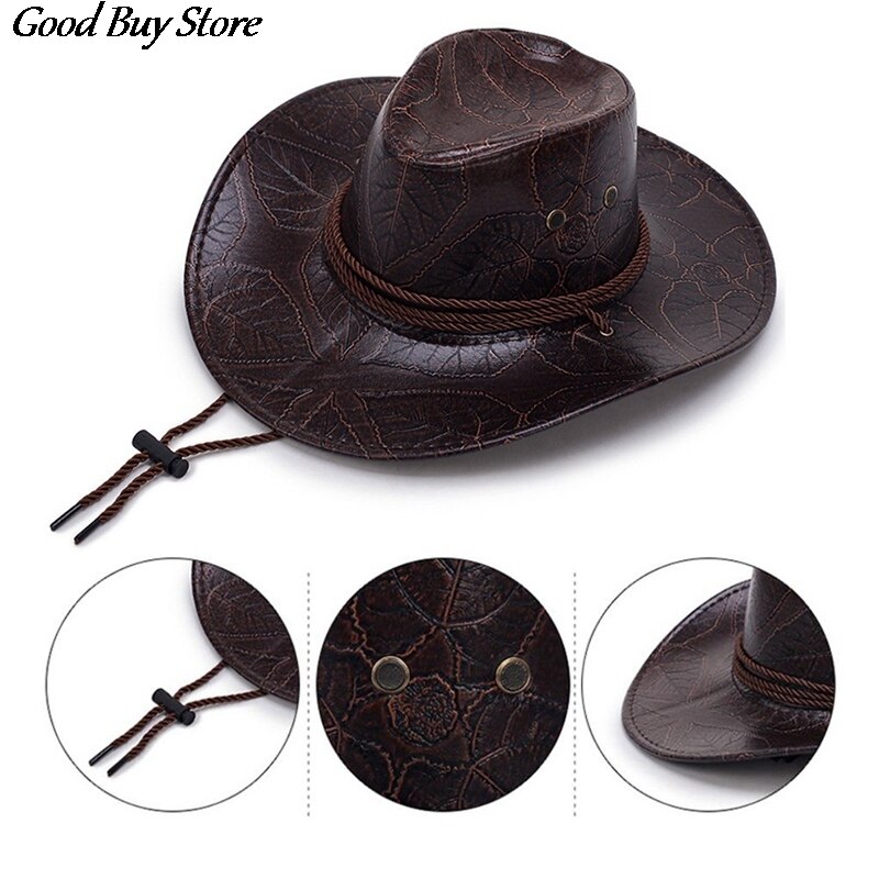 Leather Western Cowboy Hat Gentleman Wide Brim Retro Sun Hats Summer Beach Breathable Travel Chapeu Sombrero Jazz knight Caps