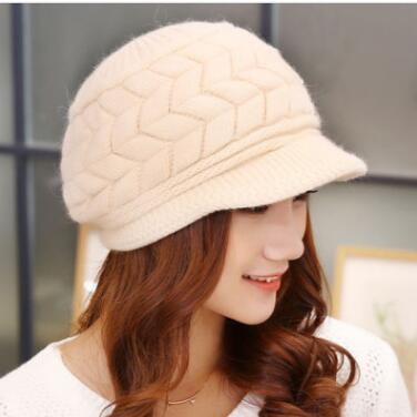 Dame vinter varm strikk lue ull snø ski caps med visir: Beige